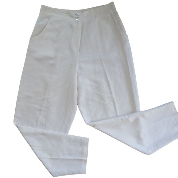 Vintage 80s High Waist White Linen Pants S Pockets Button Zip Tapered Leg USA - Picture 6 of 9